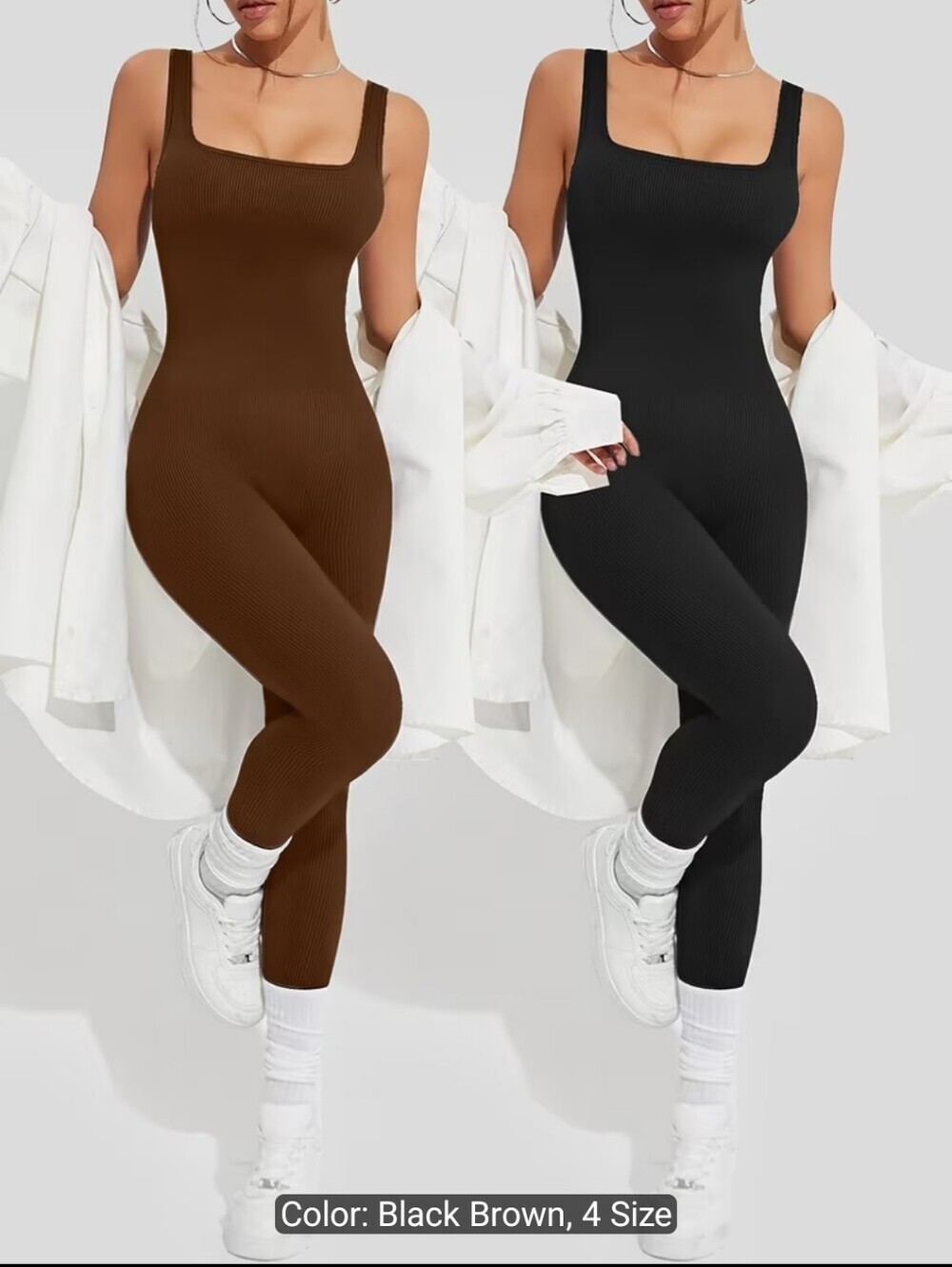Ribbed Square-Neck Jumpsuit - Black & Brown